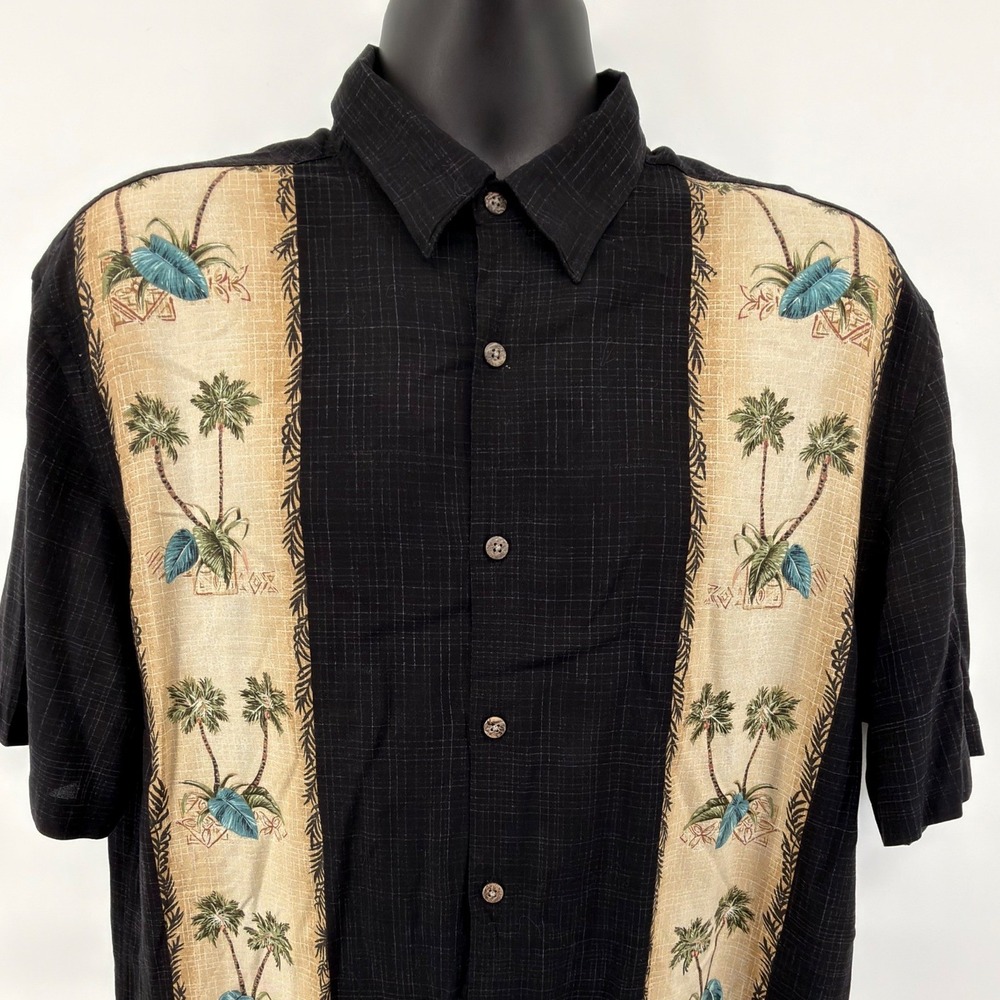 Island Shores Men's Large Rayon Hawaiian Shirt Black Tropical Palm Tree Panel